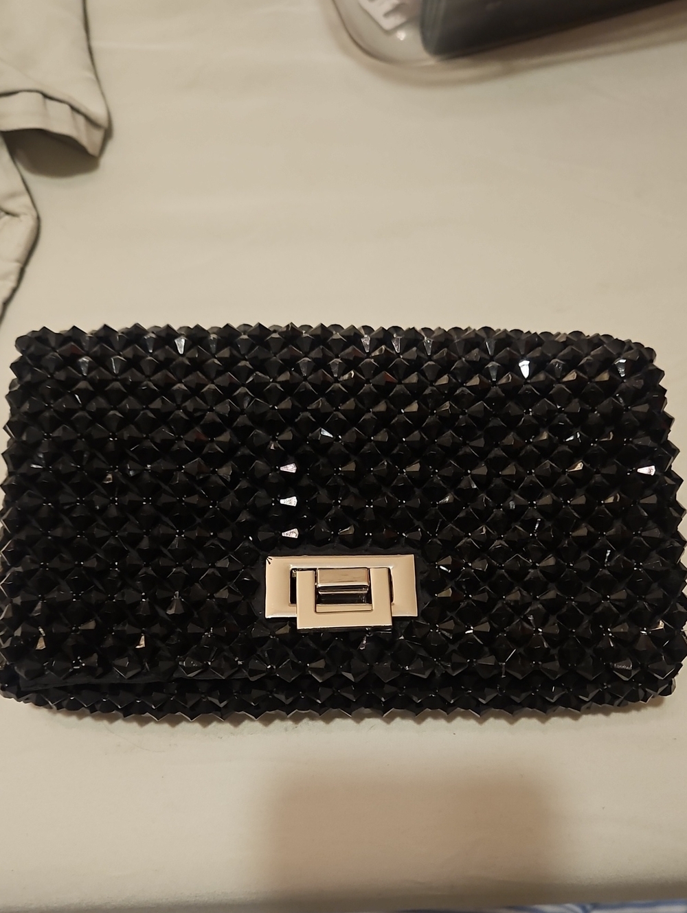 Zara Black Beaded Clutch with Silver Turn-Lock